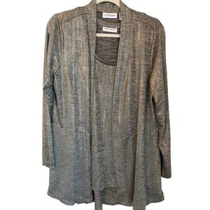 Susan Graver Size L Liquid Knit 2Pc Metallic Twin Set Gold Black Taupe Stretch